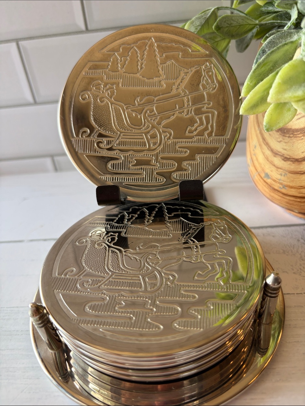 Silver Holiday Sleigh Embossed Round Coaster Set - Home Dining